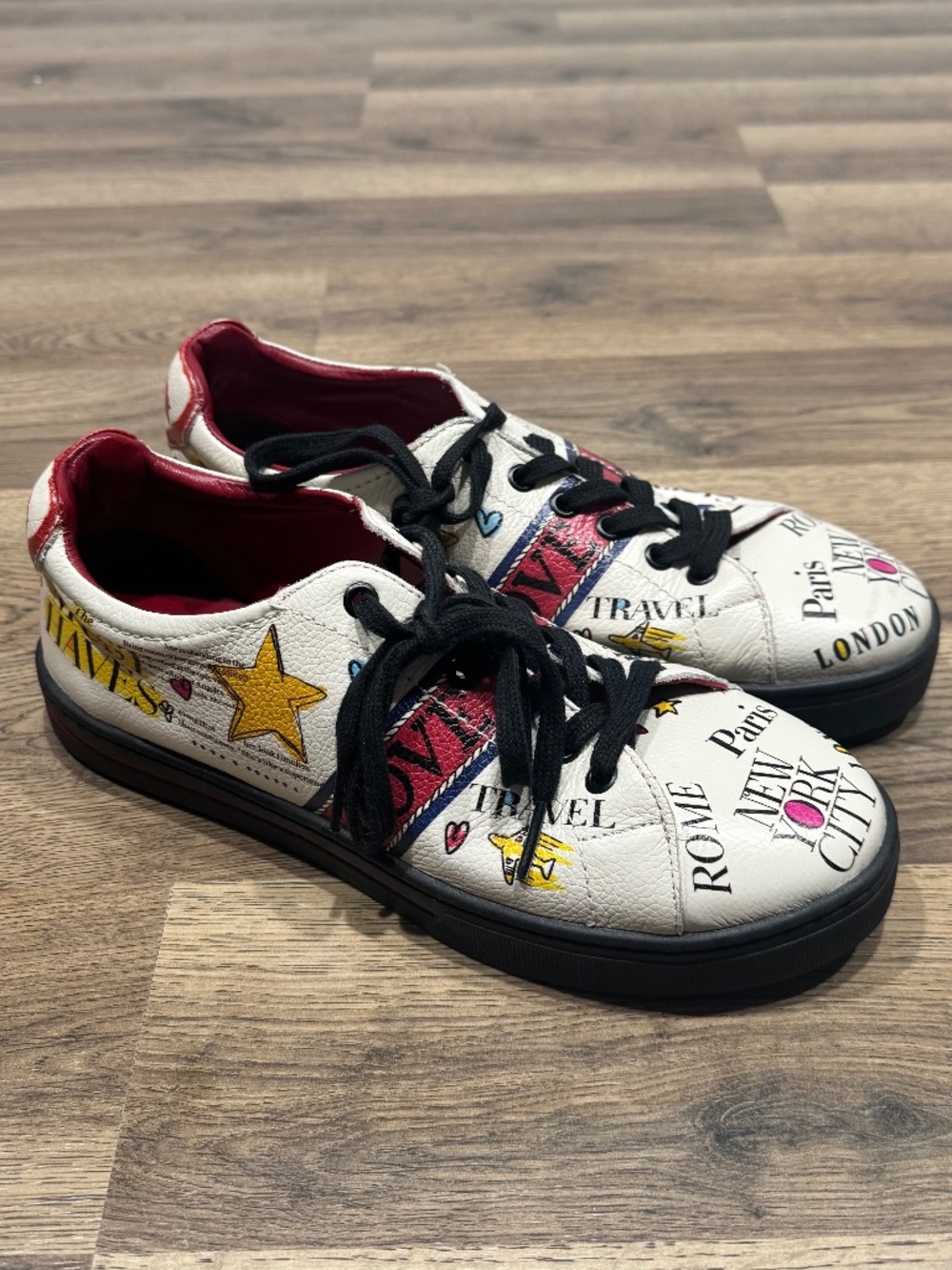 Brighton Love Travel Scoop Sneakers Shoes White Leather Paris New York London 9